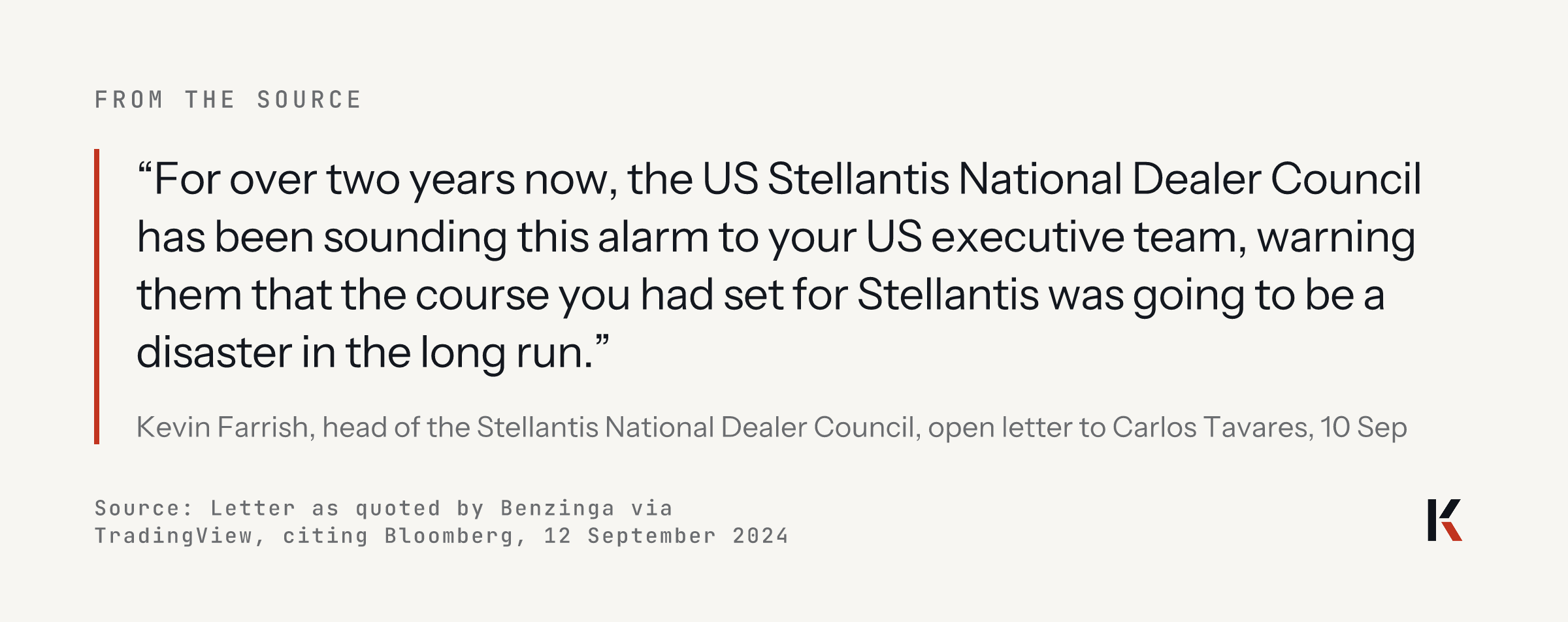 Quote from the dealer council letter of 10 September 2024: for over two years the council had been sounding this alarm to the US executive team, warning that the course set for Stellantis would be a disaster in the long run.