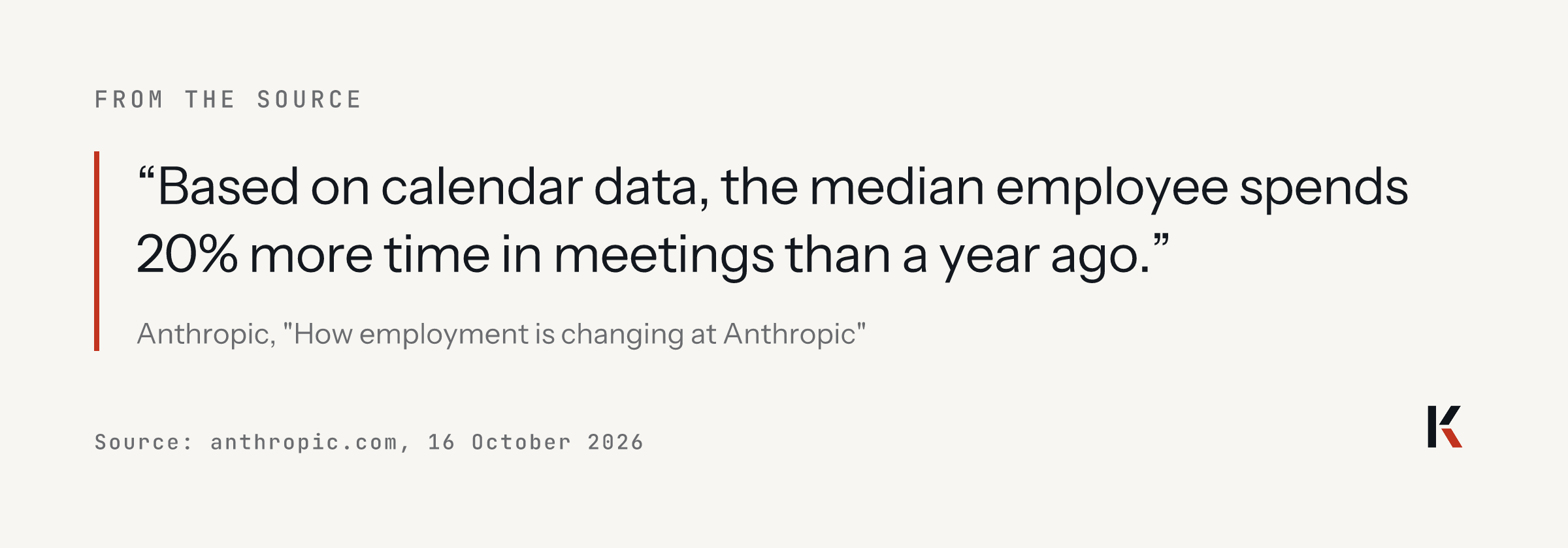 Quote from Anthropic's report of 16 October 2026: Based on calendar data, the median employee spends 20% more time in meetings than a year ago.