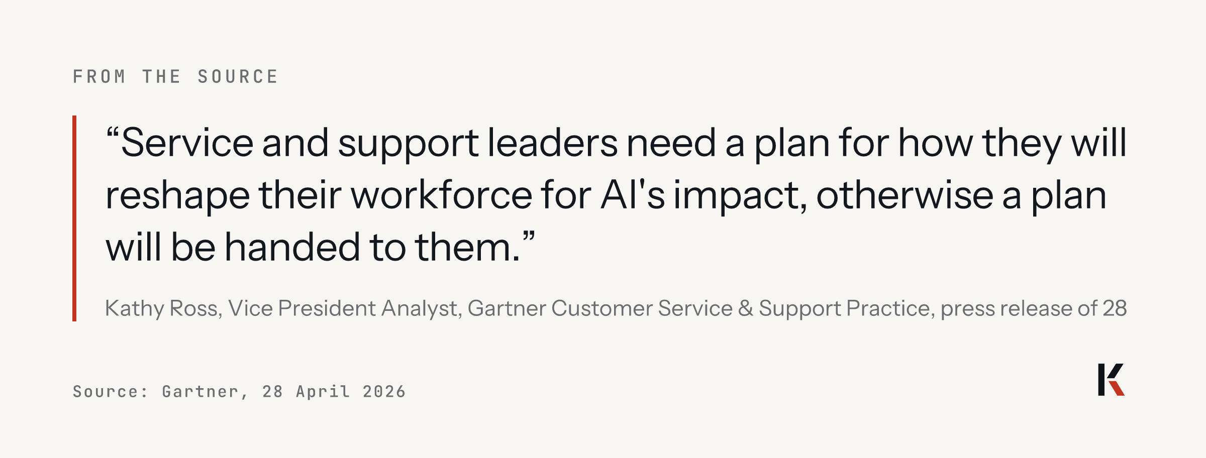 Quote: Service and support leaders need a plan for how they will reshape their workforce for AI's impact, otherwise a plan will be handed to them. Kathy Ross, Gartner, 28 April 2026.