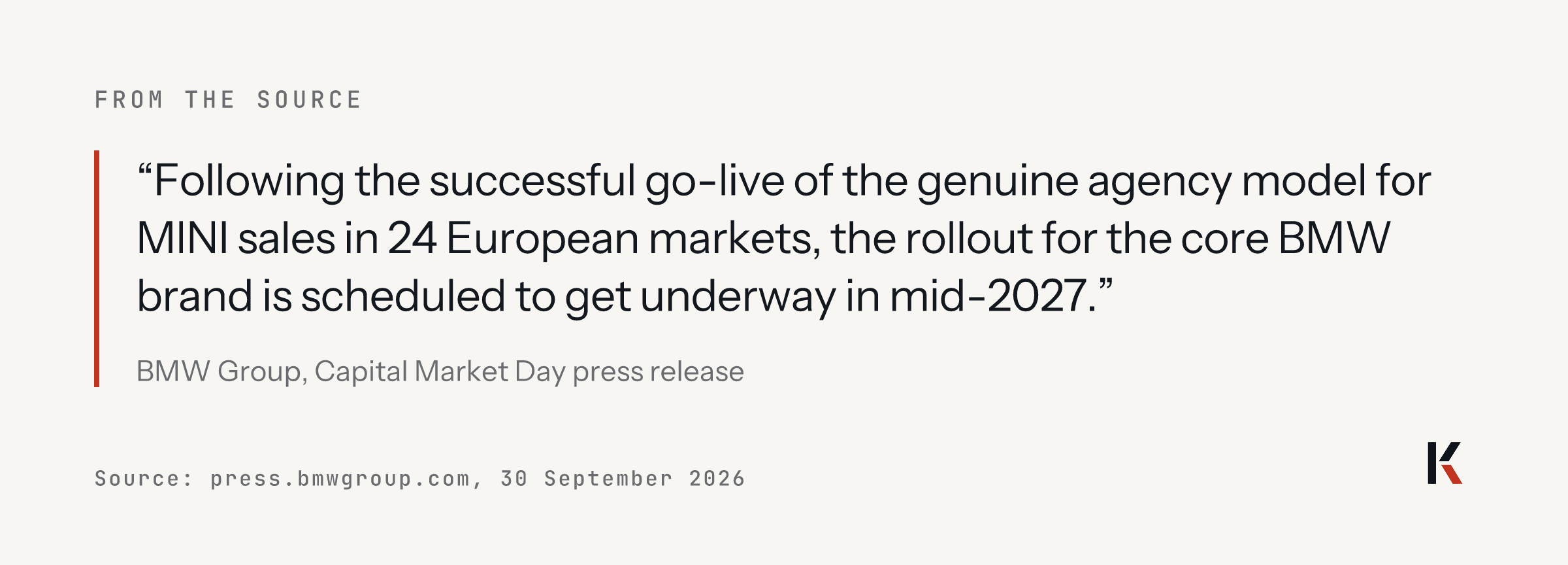 Quote from BMW Group Capital Market Day press release, 30 September 2026: Following the successful go-live of the genuine agency model for MINI sales in 24 European markets, the rollout for the core BMW brand is scheduled to get underway in mid-2027.